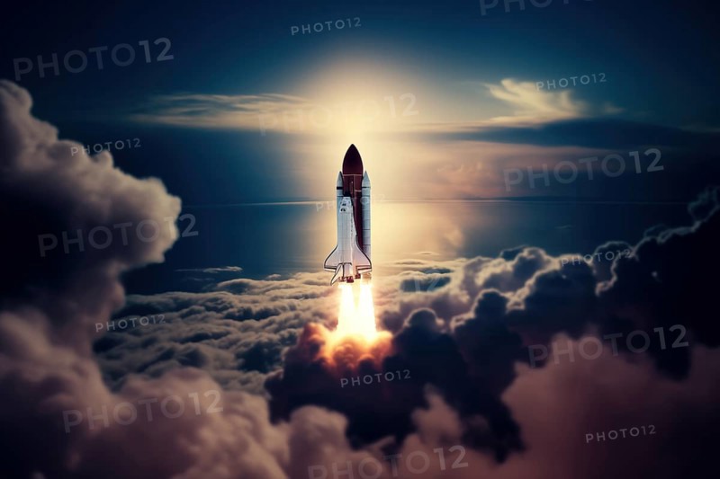 Aerial view of a rocket shuttle carrier launch at sunrise over an ocean coast. The rocket is blasting off with a trail of smoke and flames behind it, AI generated