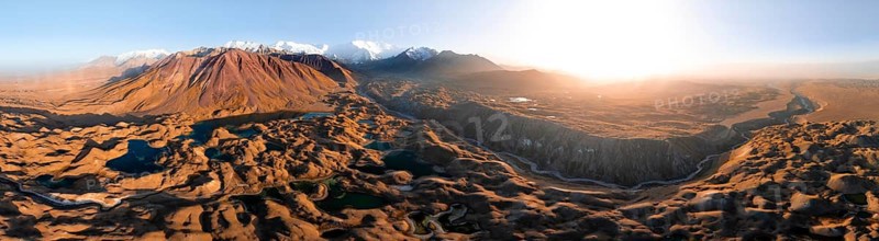 Atmospheric aerial view, high mountain landscape with glacier moraines and mountain lakes, behind Pik Lenin, Trans Alay Mountains, Pamir Mountains, Osher Province, Kyrgyzstan, Asia