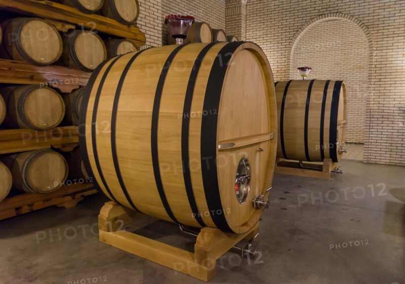 Oak barrels for wine aging in an underground cellar in Vale dos Vinhedos