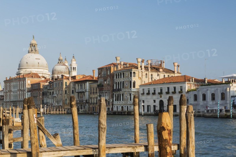 Trinita pier and mooring posts on Grand Canal with Renaissance architectural style palace buildings and Santa Maria della Salute basilica in Dorsoduro, Venice, Veneto, Italy, Europe