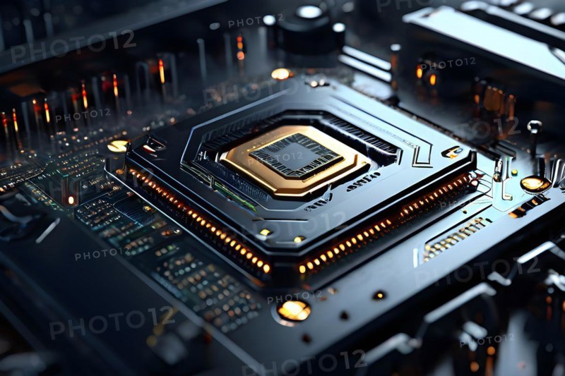 AI generated close up of a computer board featuring a prominent microchip