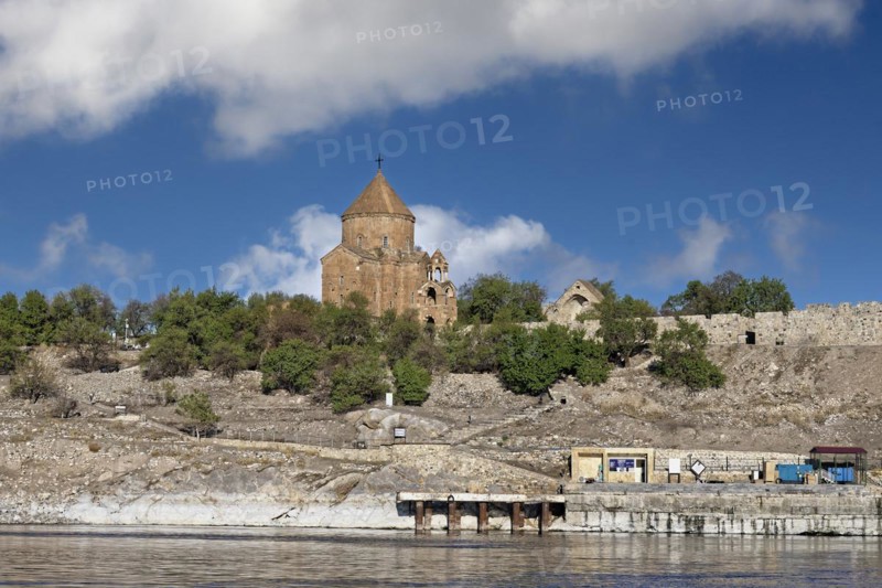 10th century Akdamar Armenian Church of the Holy Cross and pier, Akdamar Island, Turkey, Asia