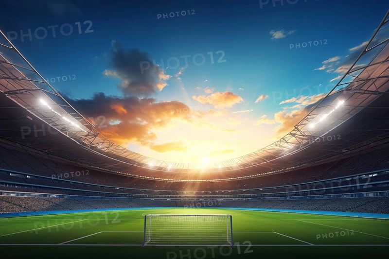 A soccer field with a large crowd of people spectators fans watching the game on sunset. The stadium is lit up with bright flood spotlights ready for a match game, AI generated