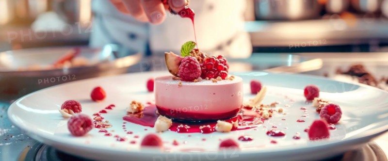 Chef is decorating a dessert with berries and other delicious additions of sweets and whipped cream, AI generated