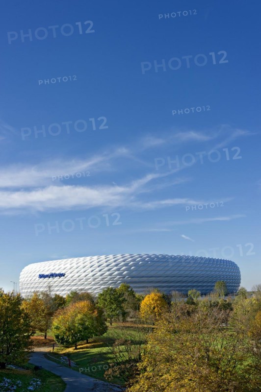 Allianz Arena, football stadium of FC Bayern Munich, Froettmaning, blue sky, space for text, Munich, Upper Bavaria, Bavaria, Germany, Europe