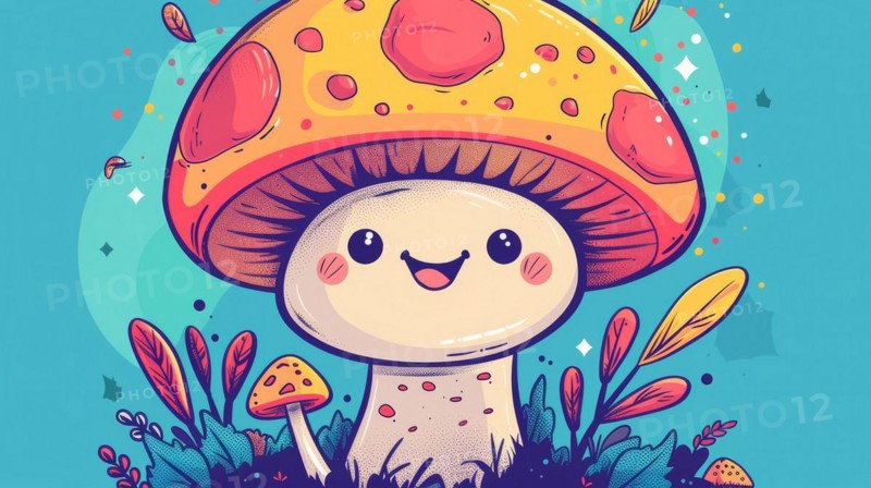 A playful cartoon mushroom with a happy face, set against a dotted background with autumn leaves, AI generated