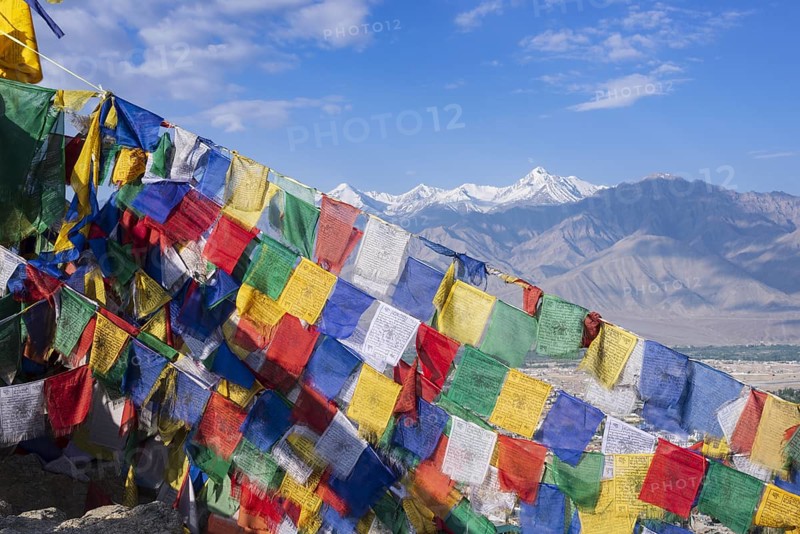 Panorama from Tsenmo hill over Leh and the Indus valley to Stok Kangri, 6153m, Ladakh, Jammu and Kashmir, India, Asia