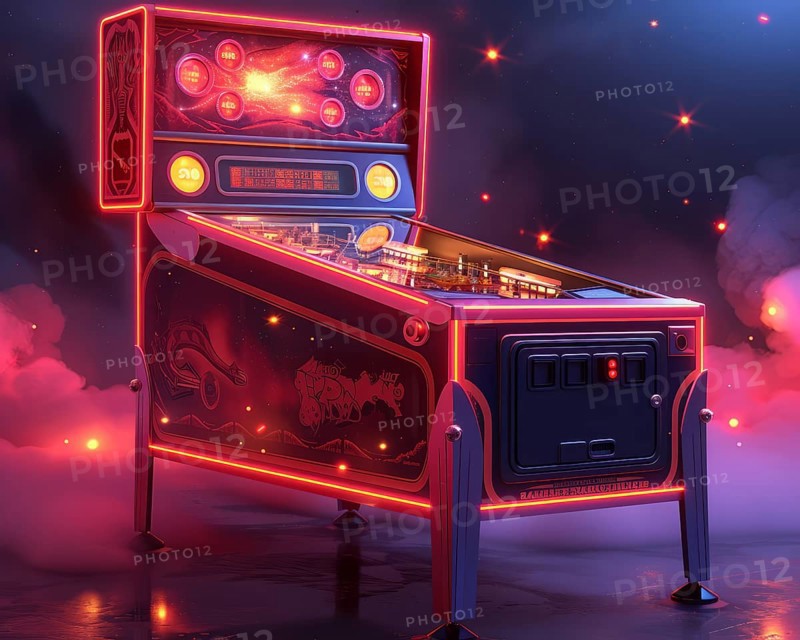 Digital artwork of a retro neon-lit pinball machine set against a starry background, AI Generated, AI generated