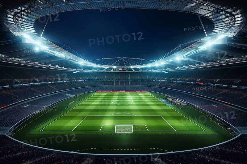 A soccer field with a large crowd of people spectators fans watching the game in evening. The stadium is lit up with bright flood spotlights ready for a match game, AI generated