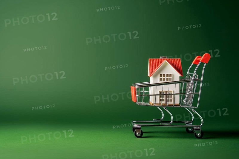 Real estate shopping concept, a house is a shopping cart on green background, AI generated