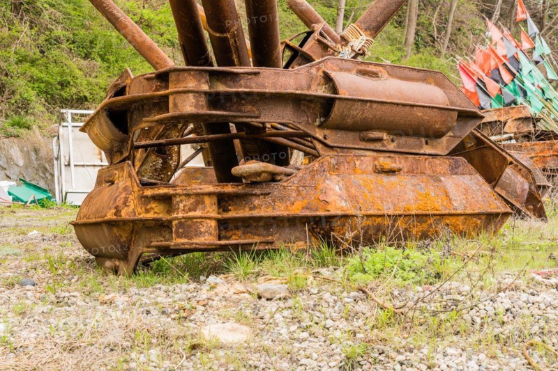 Closeup of large rusted metal anchor used on large fishing vessels in NamHae, South Korea, Asia