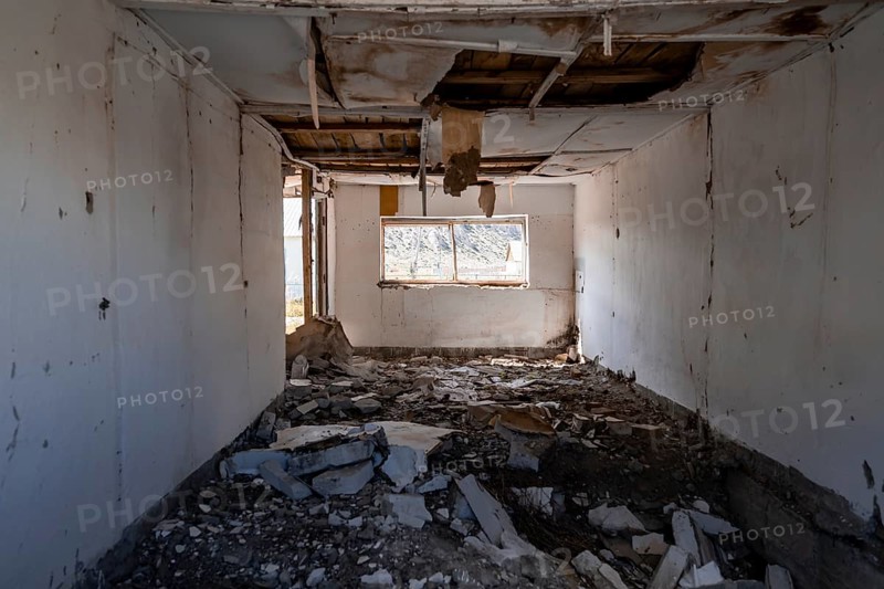 Abandoned destroyed room full of rubble, ghost town, Engilchek, Tian Shan, Kyrgyzstan, Asia
