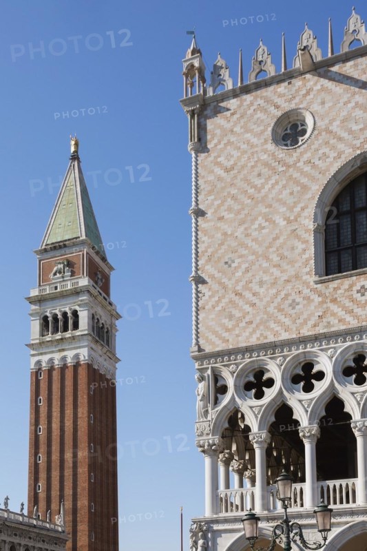 National Library of St Mark's or Biblioteca Nazionale Marciana, the Campanile bell tower and Doge's Palace, St Mark's Square, San Marco district, Venice, Veneto, Italy, Europe