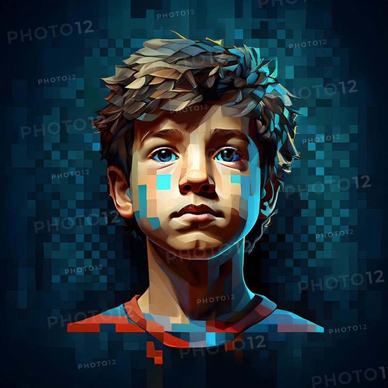 AI generated boys human head digitalised in pixel art style presenting a mosaic of vibrant hues in neon glow