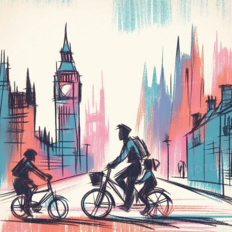 Abstract sketch of a family bike ride through a city with iconic landmarks, AI generated