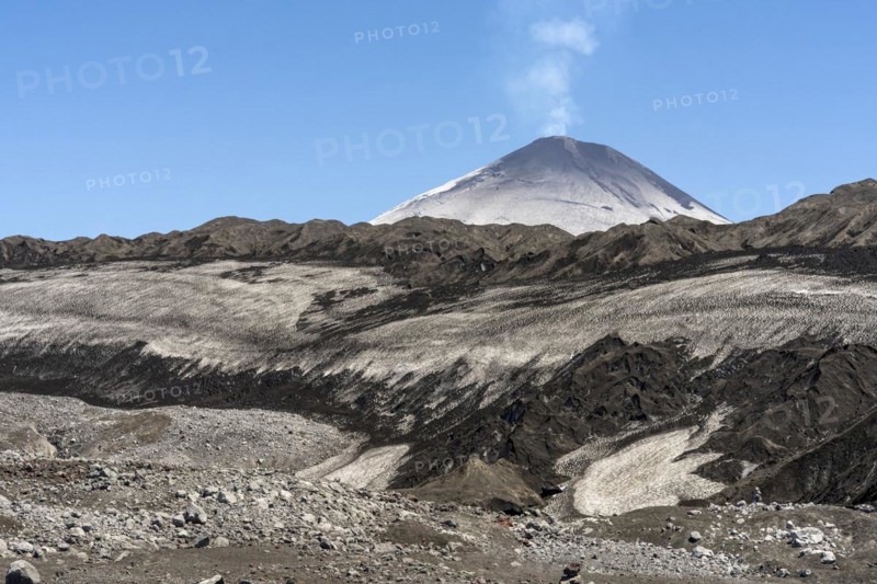 Ash covered Pichillancahue glacier, Villarrica Volcano, Villarrica National Park, Araucania, Chile1