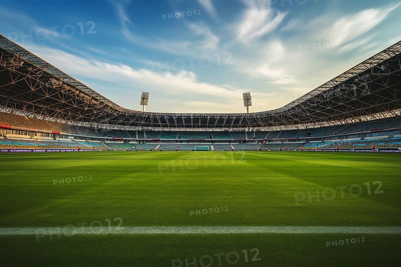 A soccer field with a large crowd of people spectators fans watching the game. The stadium is lit up with bright flood spotlights ready for a match game, AI generated