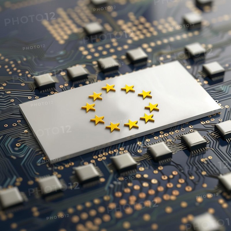 EU symbol on an electronic circuit as a metaphor for technological integration, AI generated