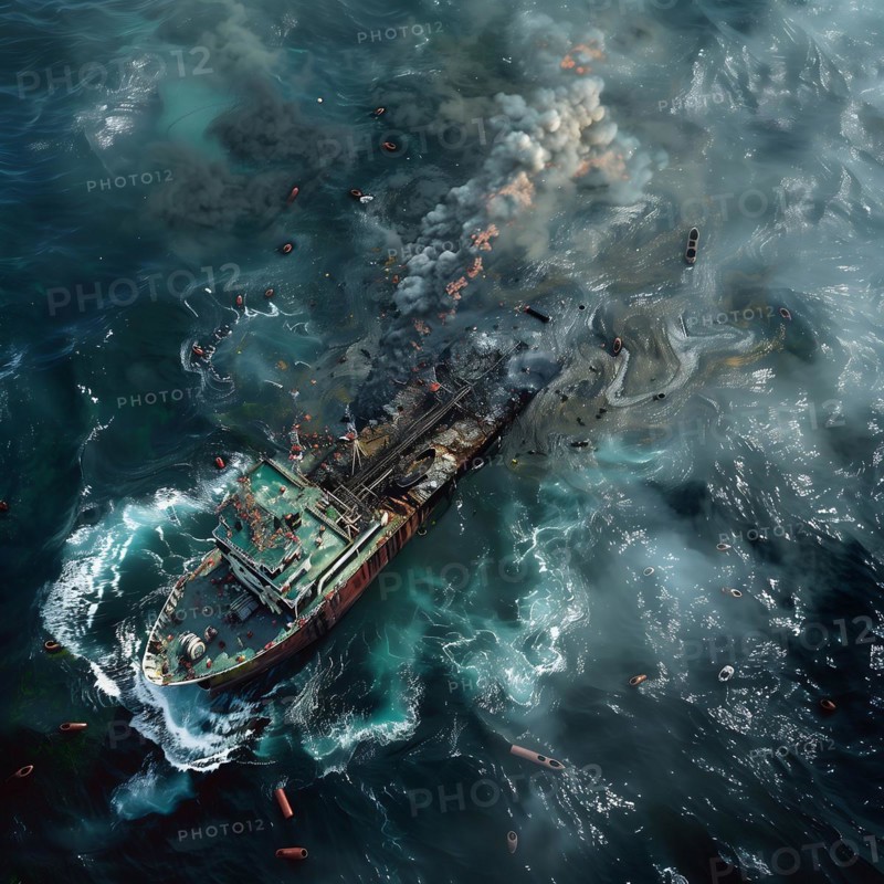 A sinking ship leaks oil into the sea, lifebuoys and debris drift around, pollution, environmental protection, AI generated
