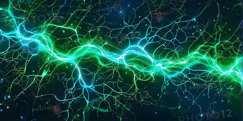 Ai generated conceptual illustration of a neuronal network with interconnected nodes pulsating in green tones, AI generated