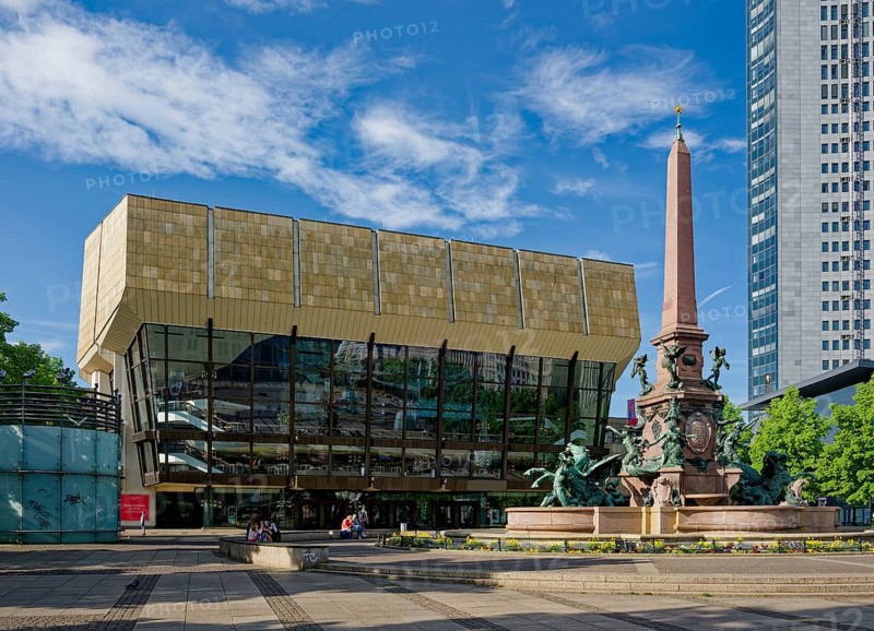 Gewandhaus, Mendebrunnen and City-Hochhaus on Augustusplatz, Leipzig, Saxony, Germany, Europe
