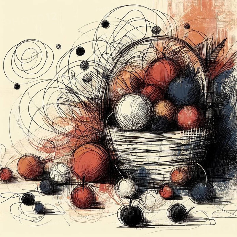 Abstract and dynamic sketch of a colorful fruit basket with sketchy lines and shapes, AI generated