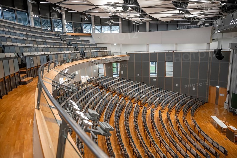 View from the gallery into an empty lecture theatre with rows of seats and lectern, interior photo, Department of Mechanical Engineering, Technical University of Munich, TUM, Garching, Bavaria, Germany, Europe