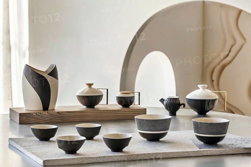 A contemporary update of the classic Japanese tea ceremony, presented in a minimalist space that celebrates traditional hospitality and grace in a modern way, tea service, Japan, AI generated, AI generated, Asia