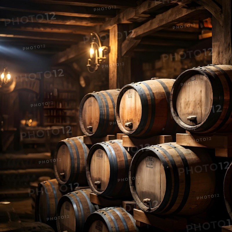AI generated rustic wine cellar filled with wooden oak barrels
