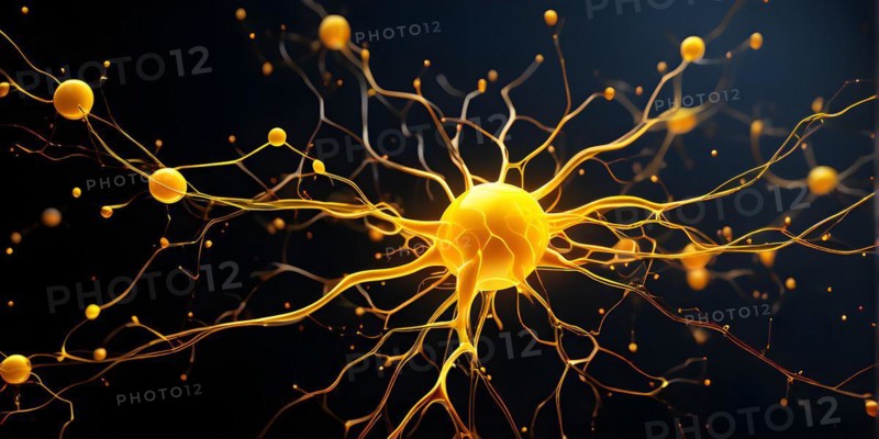 Ai generated conceptual illustration of a neuronal network with interconnected nodes pulsating in yellow tones, AI generated