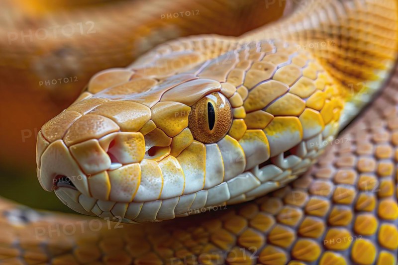 Close up of a stylized yellow python, AI generated