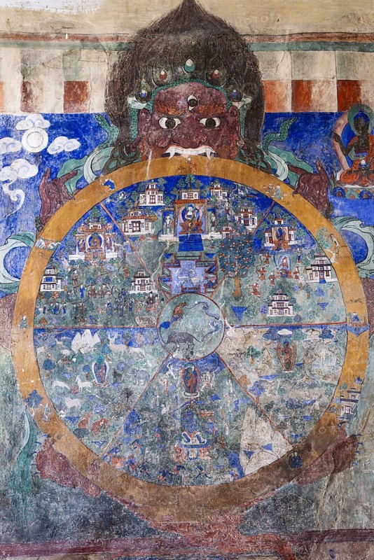 Buddhist mural, Tibetan Buddhism, death god Yama holding the wheel of life, Dskit Monastery, near Hunder, Nubra Valley, Ladakh, Jammu and Kashmir, Indian Himalayas, North India, India, Asia