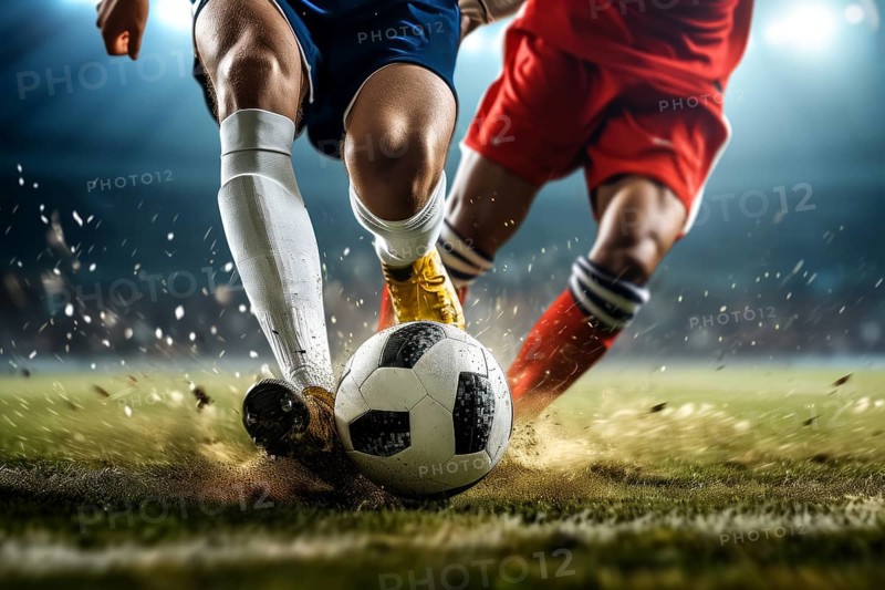 Two soccer players struggle dribble and kick a ball on a football stadium field, AI generated