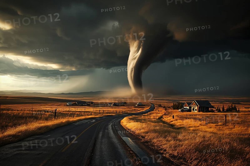 Disaster catastrophe storm concept, tornado in a field in the USA with road in field under stormy dark sky, AI generated