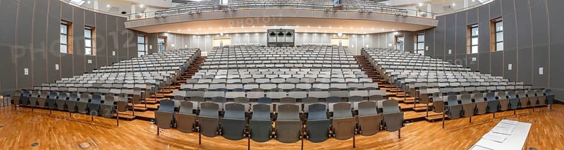 Panorama, view from the lectern to rows of seats in an empty lecture theatre, interior view, Department of Mechanical Engineering, Technical University of Munich, TUM, Garching, Bavaria, Germany, Europe
