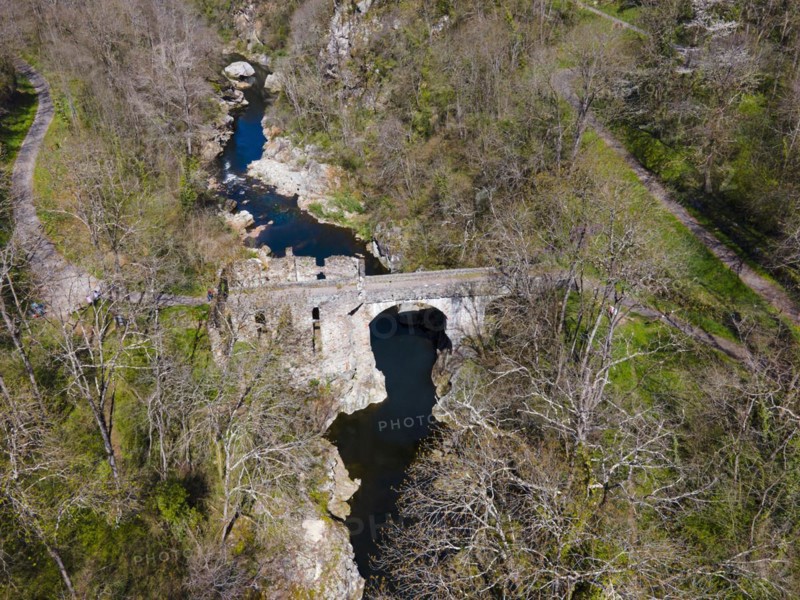 Old stone bridge over a river surrounded by springtime nature and ruins, Bridge of the Devil, Pont de Diable, Romanesque stone bridge, Ariege River, Montoulieu, Ariege, France, Europe