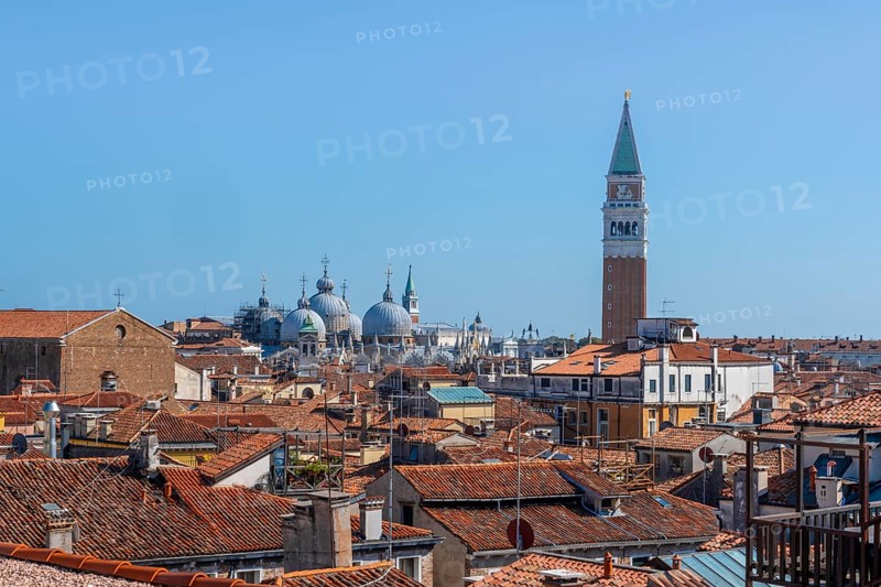 View over the roofs of Venice to the Campanile bell tower and the domes of St Mark's Basilica, view from the roof of the Fondaco dei Tedeschi, Venice, Veneto, Italy, Europe