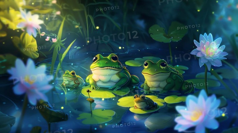 Three frogs on lily pads surrounded by night flowers with a tranquil mood, AI generated