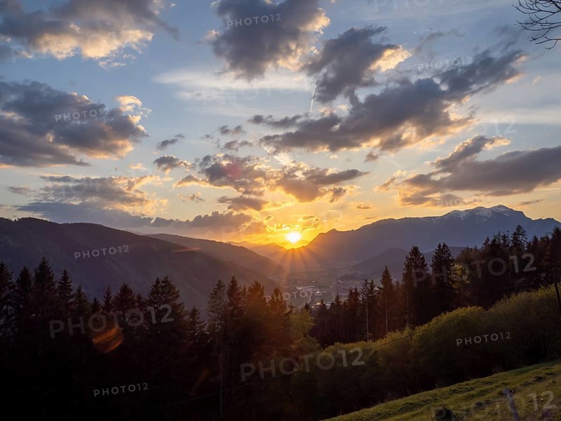 Sunset over the Liesingtal, in the evening light the village of Traboch, Schoberpass federal road, view from the lowlands, Leoben, Styria, Austria, Europe