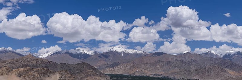Panorama from Spituk Monastery across the Indus Valley to the Indian Himalayas, Ladakh, Jammu and Kashmir, India, Asia