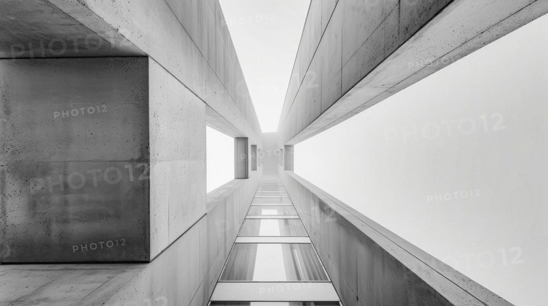 Greyscale image showing a symmetrical perspective of a building converging at a vanishing point, AI generated