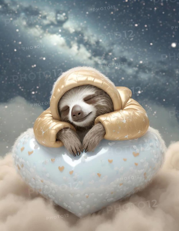 Illustration of a cute sloth napping peacefully on a heart-patterned cloud, surrounded by stars, AI generated