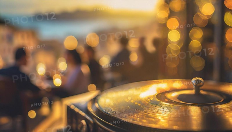 Friends enjoy drinks vinyl record playing together in cozy setting at sunset, bokeh effect ai generated, AI generated