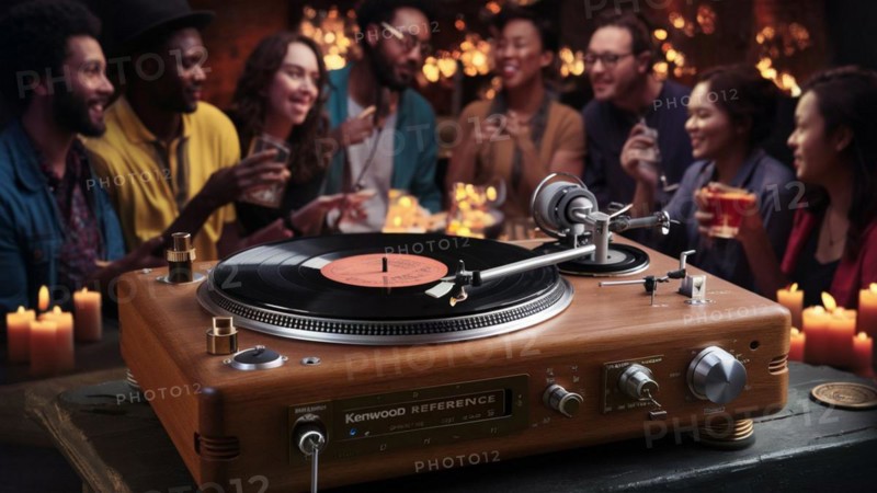 Friends enjoy drinks vinyl record playing together in cozy setting at sunset, bokeh effect ai generated, AI generated