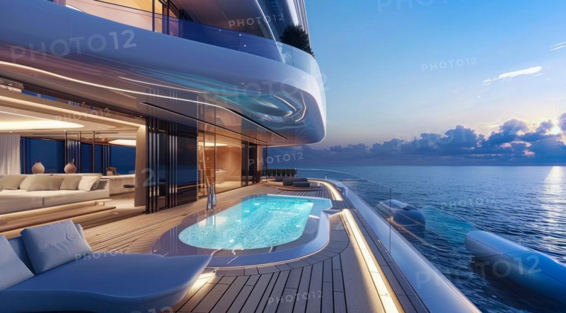 A large luxury yacht with a pool on the side of it. The pool is surrounded by a railing and has a view of the ocean. The yacht is white and has a blue sky in the background, AI generated