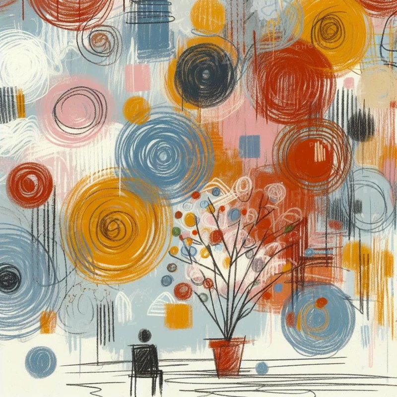Colorful abstract art with various circles and patterns, featuring a plant in a red pot, AI generated