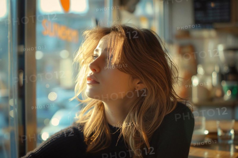 Young woman in cafe bathed in golden hour sunlight, looking contemplative, AI generated