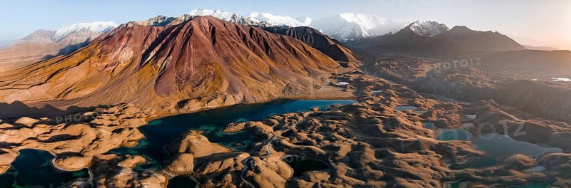 Aerial view, high mountain landscape with glacial moraines and mountain lakes, behind Pik Lenin, Trans Alay Mountains, Pamir Mountains, Osher Province, Kyrgyzstan, Asia