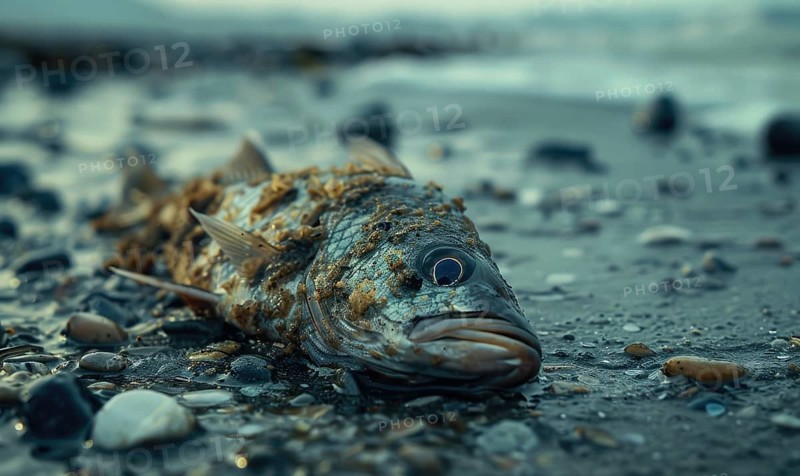 Dead fish washed ashore on a polluted beach, environment and ecological problems AI generated