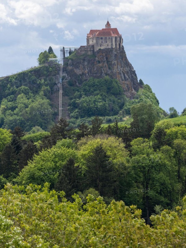 Forest edge, Riegersburg Castle in the background, Styrian volcanic country near Riegersburg, Styria, Austria, Europe